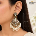 Antique Gold Chandbali Earrings with Kundan & Pearls | Traditional Dangle Jewellery for Women - Image 4
