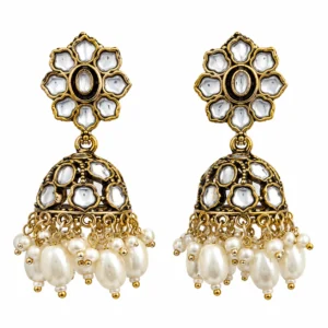 REGLET J6 antique gold Jhumka earrings with Kundan-style detailing and pearl accents