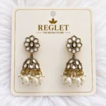 Antique Gold Jhumka Earrings with Kundan & Pearls | Traditional Jewellery for Women - Image 2