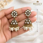Antique Gold Jhumka Earrings with Kundan & Pearls | Traditional Jewellery for Women - Image 6