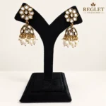 Antique Gold Jhumka Earrings with Kundan & Pearls | Traditional Jewellery for Women - Image 3