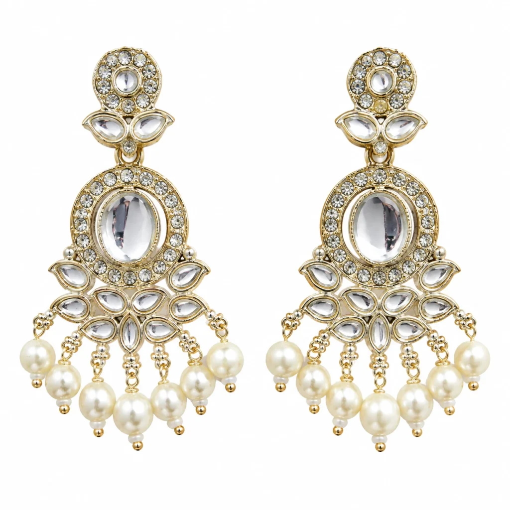 Kundan Pearl Chandbali Earrings for Women – Gold Tone Traditional Jewellery | REGLET
