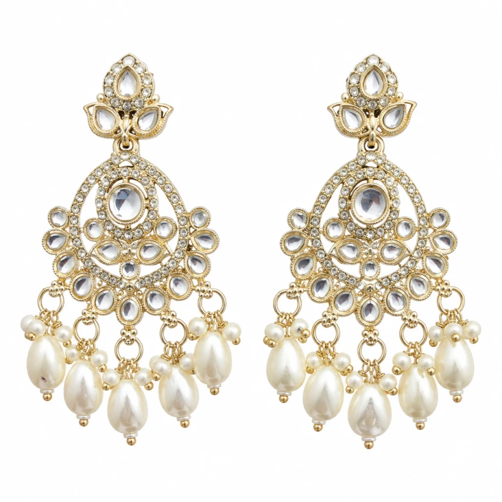 Kundan Pearl Chandbali Earrings for Women – Gold Tone Traditional Jewellery | REGLET J9