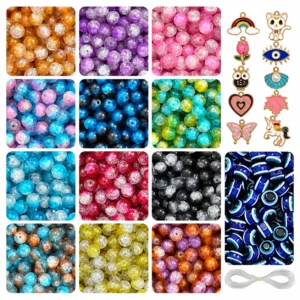 REGLET Dual Shade Sparkle Glass Beads Kit with 335 8mm Beads, 10 Enamel Charms, 15 Evil Eye Beads and 5 Metres Elastic Thread