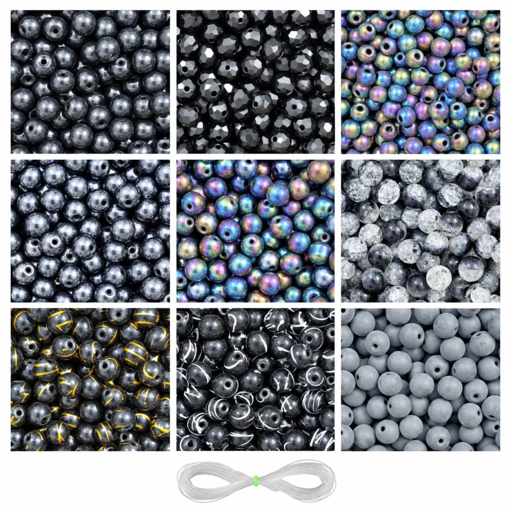 REGLET 290 Pcs Black Glass Beads Kit in 9 Designs, 8mm and 6mm Beads with 5 Metres Elastic Thread