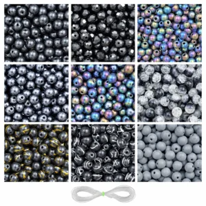 REGLET 290 Pcs Black Glass Beads Kit in 9 Designs, 8mm and 6mm Beads with 5 Metres Elastic Thread