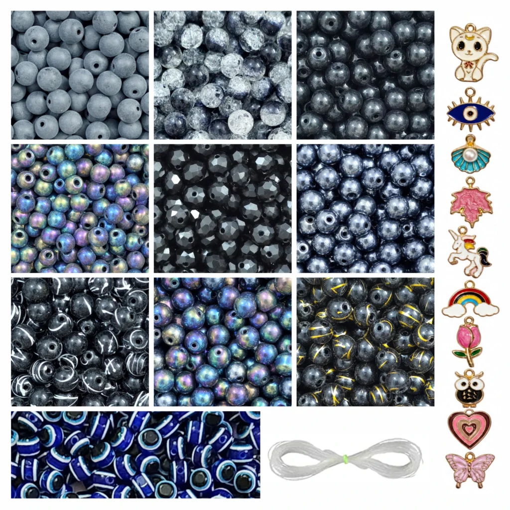 REGLET Black Glass Beads Jewellery Making Kit with 290 Mixed-Size Beads, 10 Enamel Charms, 15 Evil Eye Beads and Elastic Thread