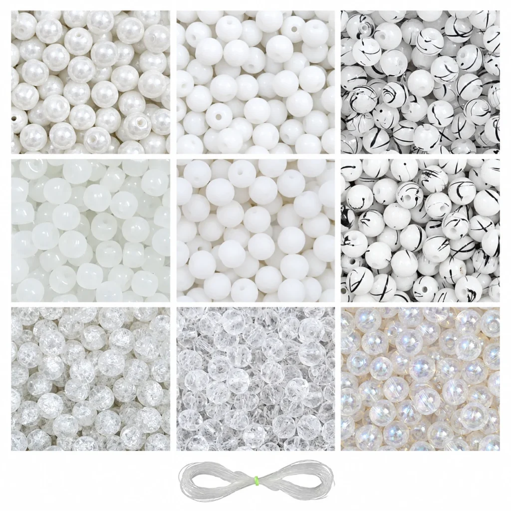 REGLET 250 Pcs White Glass Beads Kit with 8mm Beads in 9 Designs and 5 Metres Elastic Thread