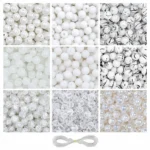 REGLET 250 Pcs White Glass Beads Kit with 8mm Beads in 9 Designs and 5 Metres Elastic Thread
