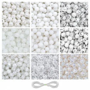 REGLET 250 Pcs White Glass Beads Kit with 8mm Beads in 9 Designs and 5 Metres Elastic Thread