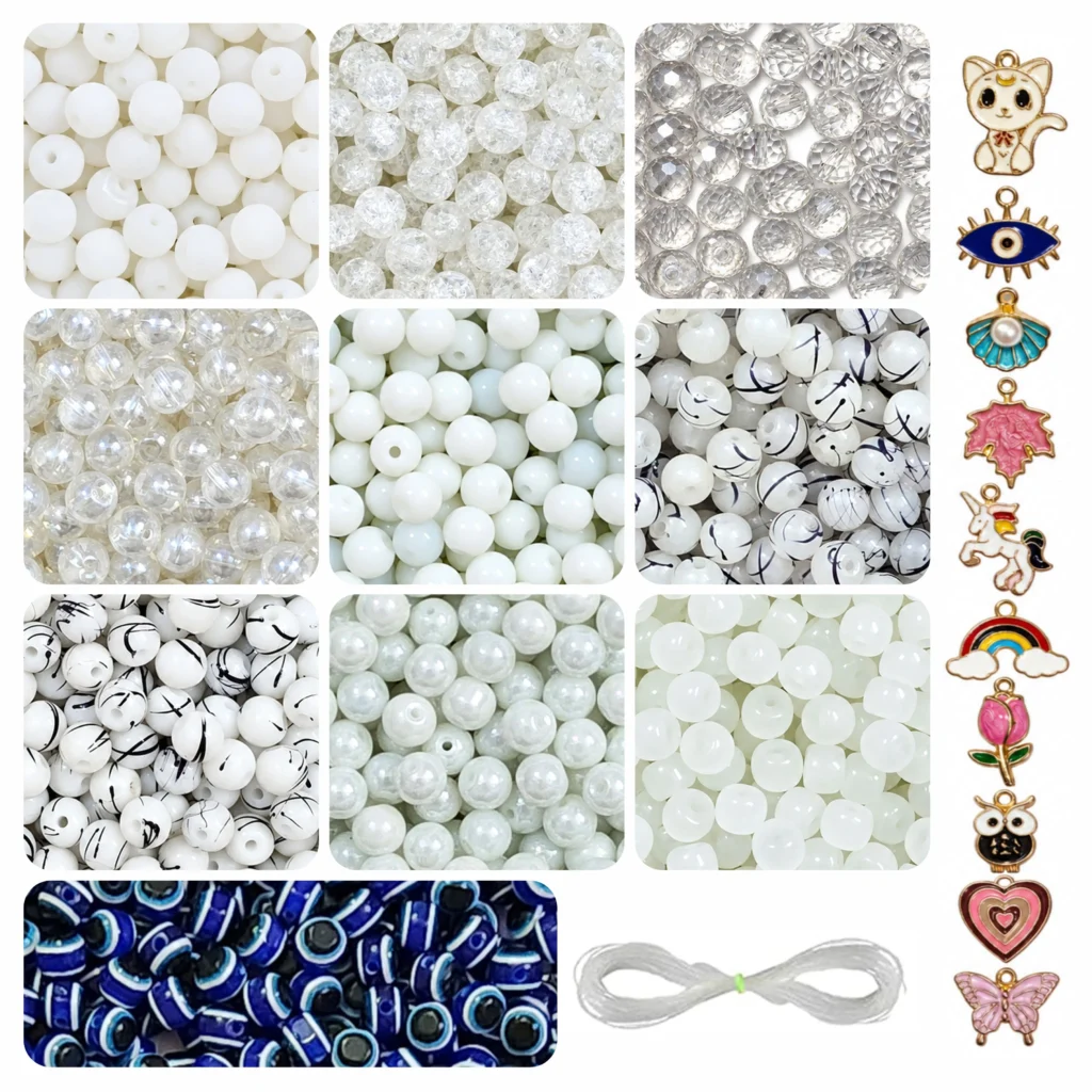 REGLET White Glass Beads Jewellery Making Kit with 250 8mm Beads, 10 Enamel Charms, 15 Evil Eye Beads and 5 Metres Elastic Thread