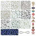 REGLET White Glass Beads Jewellery Making Kit with 250 8mm Beads, 10 Enamel Charms, 15 Evil Eye Beads and 5 Metres Elastic Thread