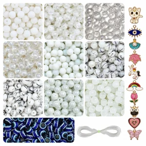 REGLET White Glass Beads Jewellery Making Kit with 250 8mm Beads, 10 Enamel Charms, 15 Evil Eye Beads and 5 Metres Elastic Thread