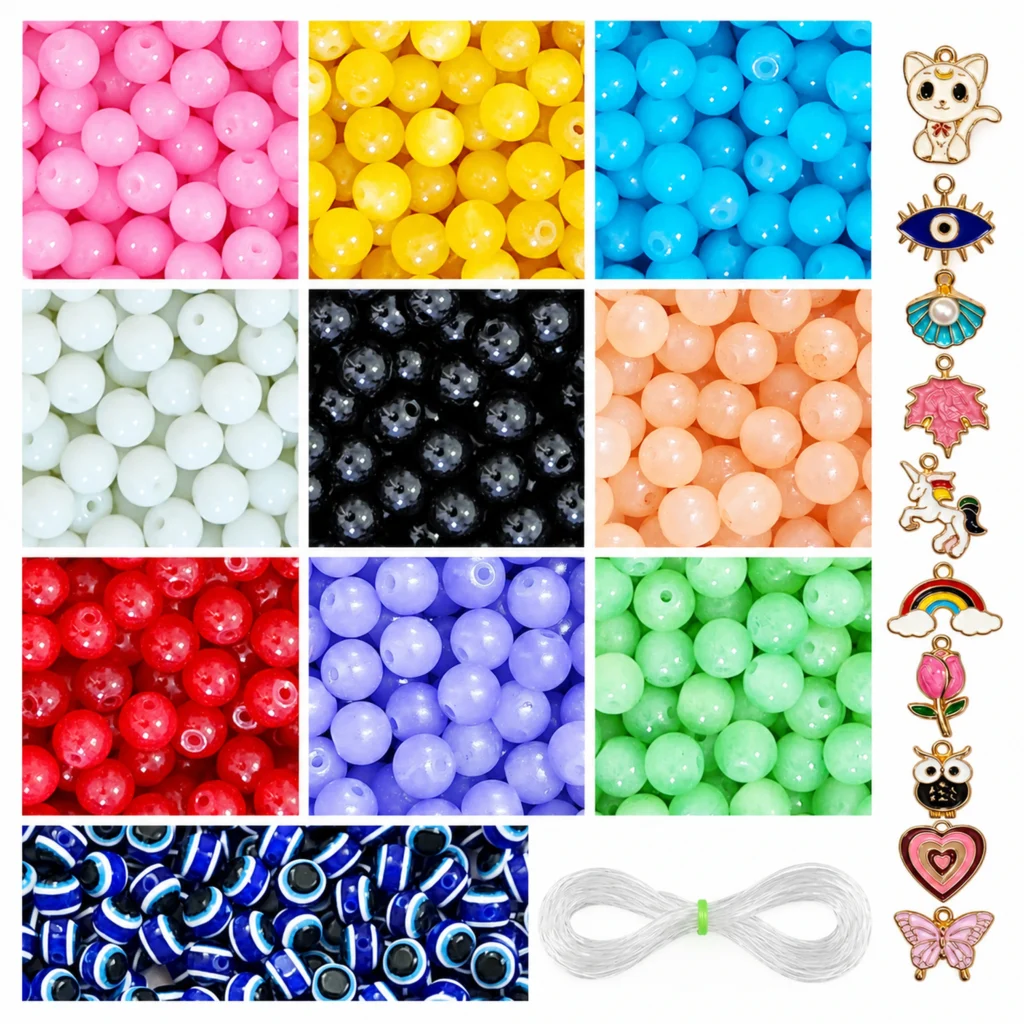 REGLET jelly glass beads bracelet making kit with 250 beads, 10 enamel charms and 15 Evil Eye beads