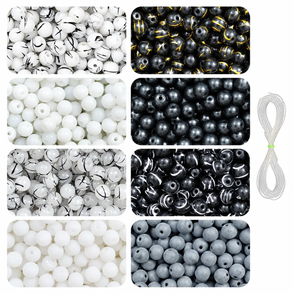 REGLET 225 Pcs Black and White Glass Beads Kit, 8mm Beads in 8 Designs with 5 Metres Elastic Thread