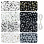 REGLET 225 Pcs Black and White Glass Beads Kit, 8mm Beads in 8 Designs with 5 Metres Elastic Thread