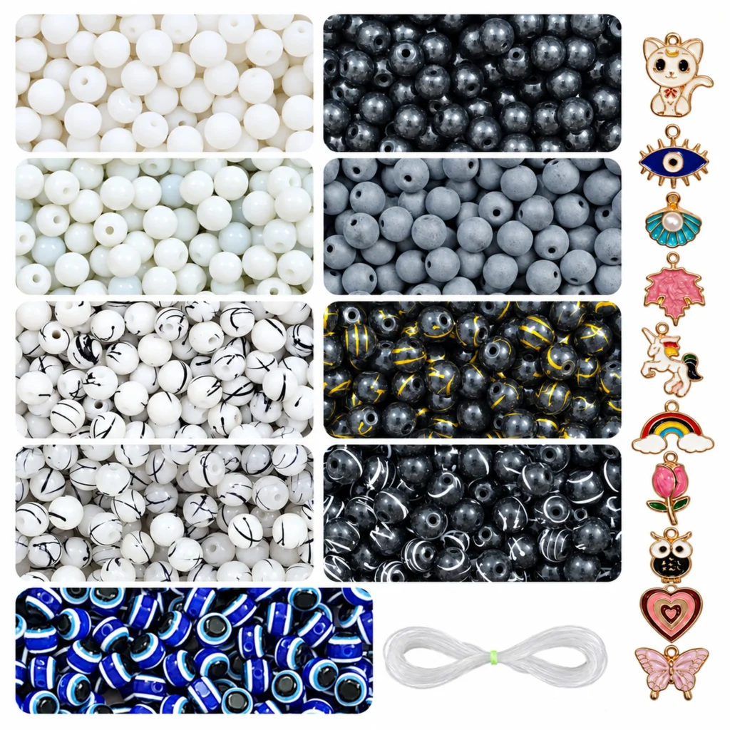 REGLET Black and White Glass Beads Kit with 225 8mm Beads, 10 Enamel Charms, 15 Evil Eye Beads and 5 Metres Elastic Thread