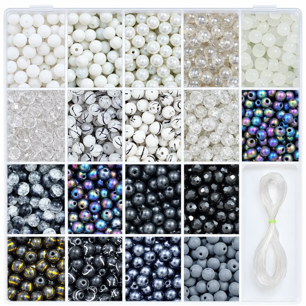 REGLET 540 Pcs Black and White Glass Beads Kit with 290 Black Beads, 250 White Beads and 10 Metres Elastic Thread