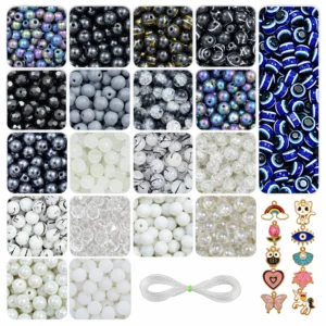 REGLET Black and White Glass Beads Kit with 290 Black Beads, 250 White Beads, 10 Enamel Charms, 30 Evil Eye Beads and 10 Metres Elastic Thread