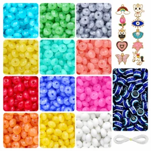 REGLET Disk Shaped Glass Beads Combo Kit with 480 Colourful 8 × 4mm Beads, 10 Enamel Charms, 15 Evil Eye Beads and 5 Metres Elastic Thread