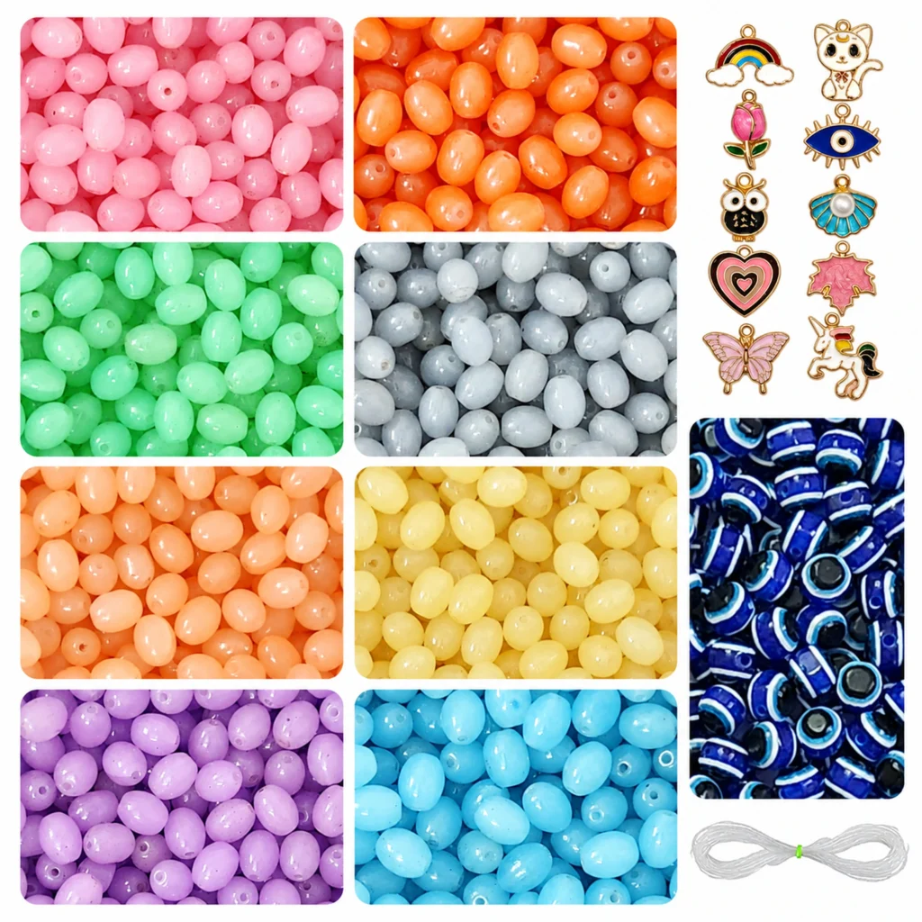 REGLET Oval Shaped Glass Beads Combo Kit with 160 Shiny 11 × 8mm Beads, 10 Enamel Charms, 15 Evil Eye Beads and 5 Metres Elastic Thread