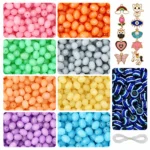 REGLET Oval Shaped Glass Beads Combo Kit with 160 Shiny 11 × 8mm Beads, 10 Enamel Charms, 15 Evil Eye Beads and 5 Metres Elastic Thread