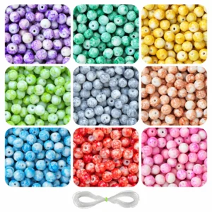 REGLET 250 Pcs Marble Glass Beads Kit with 9 Vibrant Colours, 8mm Smooth Marble Finish Beads and 5 Metres Elastic Thread