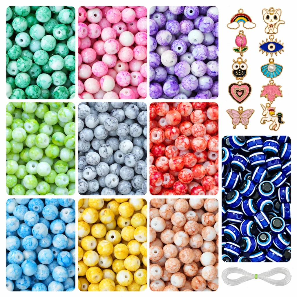 REGLET Marble Glass Beads Combo Kit with 250 8mm Beads in 9 Colours, 10 Enamel Charms, 15 Evil Eye Beads and 5 Metres Elastic Thread