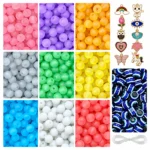 REGLET Matt Glass Beads Combo Kit with 250 Frosted 8mm Beads in 9 Colours, 10 Enamel Charms, 15 Evil Eye Beads and 5 Metres Elastic Thread