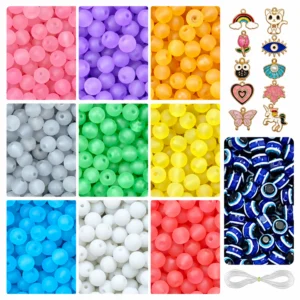 REGLET Matt Glass Beads Combo Kit with 250 Frosted 8mm Beads in 9 Colours, 10 Enamel Charms, 15 Evil Eye Beads and 5 Metres Elastic Thread