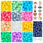 REGLET Cylinder Glass Beads Combo Kit with 215 Glossy 11 × 8mm Beads in 12 Colours, 10 Enamel Charms, 15 Evil Eye Beads and 5 Metres Elastic Thread