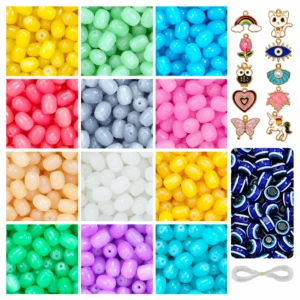 REGLET Cylinder Glass Beads Combo Kit with 215 Glossy 11 × 8mm Beads in 12 Colours, 10 Enamel Charms, 15 Evil Eye Beads and 5 Metres Elastic Thread