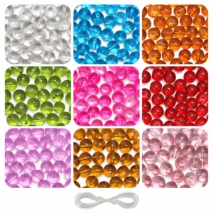 REGLET 250 Pcs Crystal Glass Beads Kit in 9 Vibrant Colours, 8mm Smooth Finish Beads with 5 Metres Elastic Thread