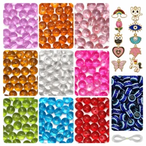 REGLET 250 Pcs Crystal Glass Beads Kit in 9 Vibrant Colours, 8mm Smooth Finish Beads with 5 Metres Elastic Thread