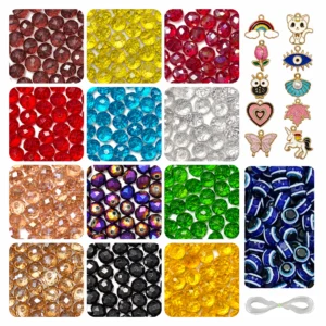 REGLET Diamond Cut Crystal Glass Beads Combo Kit with 480 Sparkling 8mm Beads in 12 Colours, 10 Enamel Charms, 15 Evil Eye Beads and 5 Metres Elastic Thread