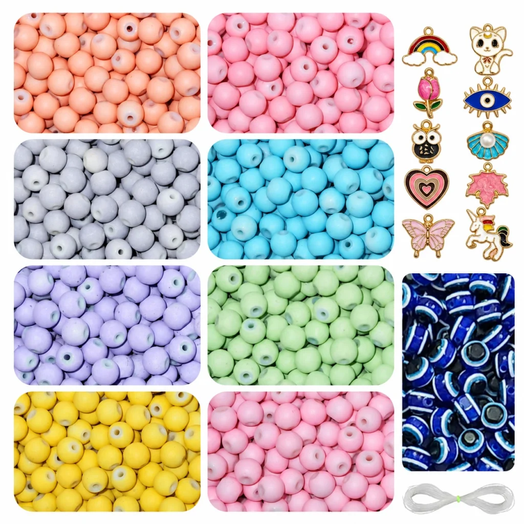 REGLET pastel glass beads kit with 225 8mm beads, 10 enamel charms and 15 Evil Eye beads
