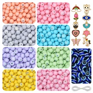 REGLET pastel glass beads kit with 225 8mm beads, 10 enamel charms and 15 Evil Eye beads