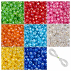 REGLET 800 Pcs Round Rainbow Crystal Beads Kit with 8 Vibrant Acrylic Colours, 8mm Beads, 200g Total Weight and 5 Metres Elastic Thread