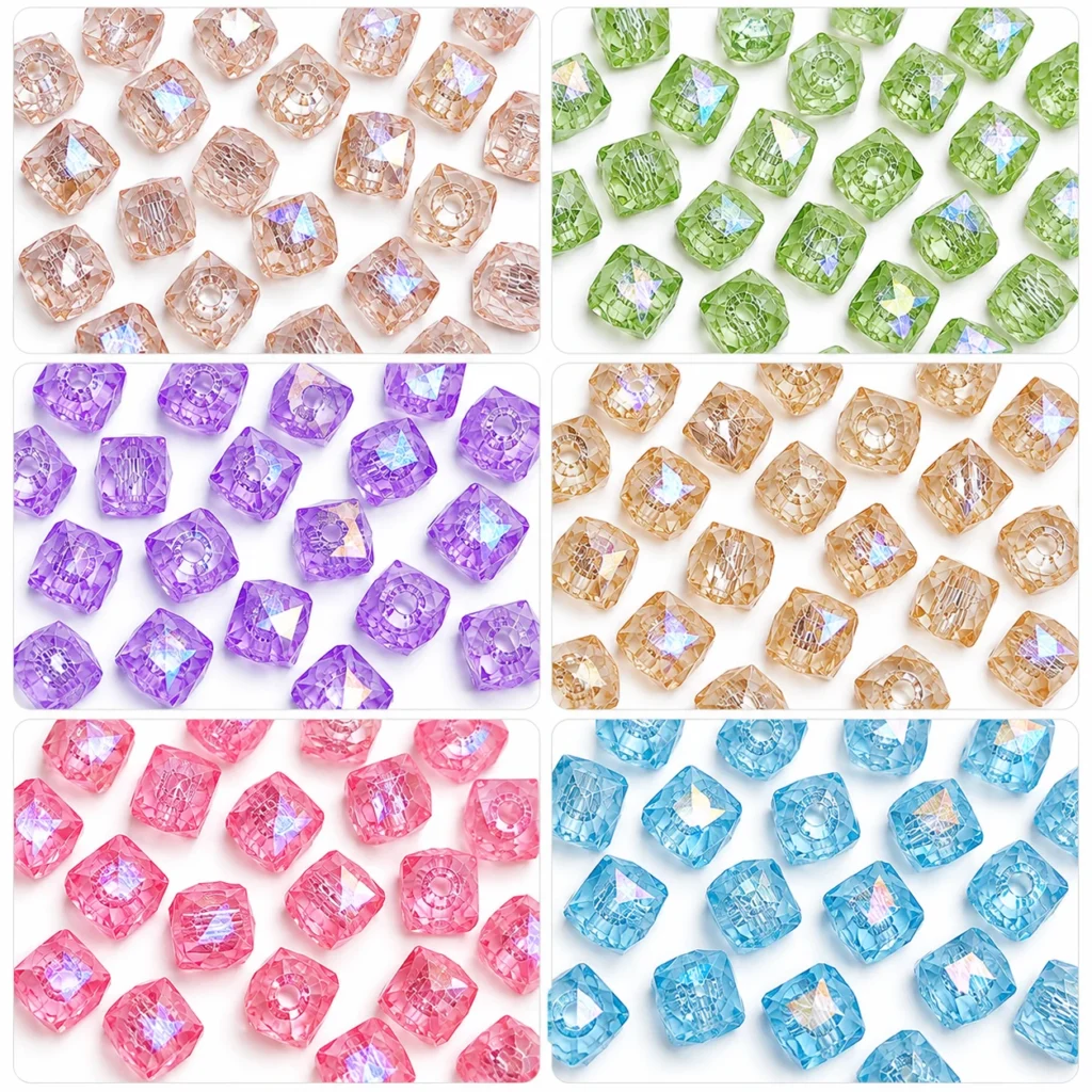 REGLET 625 Pcs Square Rainbow Crystal Beads Kit with 6 Vibrant Colours, 8mm Multifaceted Acrylic Beads and 150g Total Weight